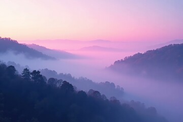Fototapeta premium Soft blue mist rises above pink hazy landscape, smoke