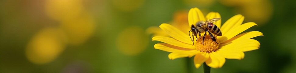 Bee sipping nectar from a bright yellow flower with purple stripes, wildlife, flora