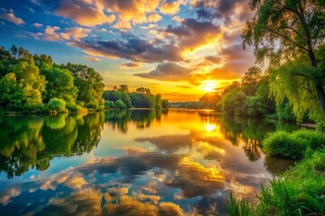 Serene Sunset Lake: Peaceful Nature Scene with Lush Greenery and Golden Hour Light