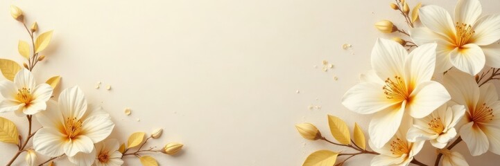 Fototapeta premium Gold & ivory blooms, beige linen background Subtle, luxurious feel , home decor, natural beauty, stock image
