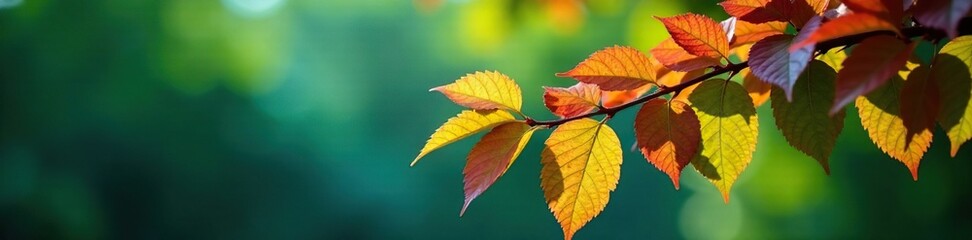 Fototapeta premium Red and yellow green foliage on a tree branch with blue undertones, green, blue, colors