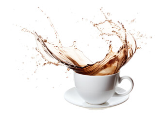PNG White mug coffee splashing saucer.