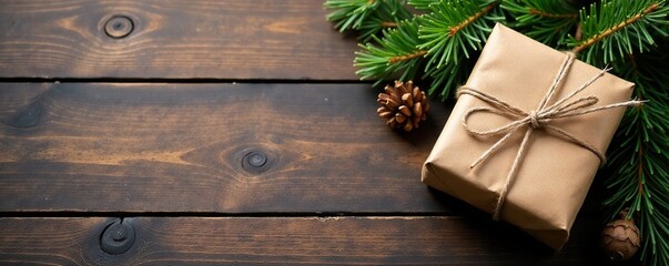 Fototapeta premium Wooden planks with rustic pine branches, brown paper wrapped gift, winter scene, brown paper