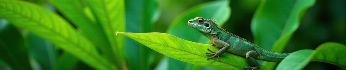 Fototapeta premium Iguane sur les feuilles du bas de un cocotier, leaves, green, wildlife
