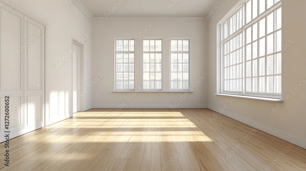 Poster Bright and Spacious Empty Modern Room with Large Windows Streaming Natural Light Inside : Generative AI