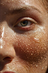 Intense Focus: A close-up shot of a person's face, glistening with beads of sweat, capturing a moment of extreme exertion and unwavering determination, their eyes reflecting a deep intensity.