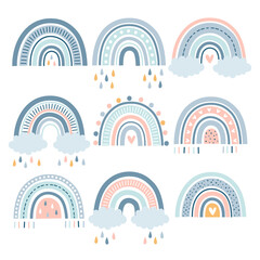 Boho blue rainbows set. Cartoon rainbow collection vector illustration for wrapping paper print clipart stickers