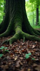Fototapeta premium Dark forest floor with tree roots and decaying leaves, forest, leaf litter, landscape