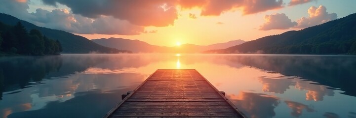 Obraz premium Wooden dock overlooking a serene lake at dawn, lake, peaceful, morning
