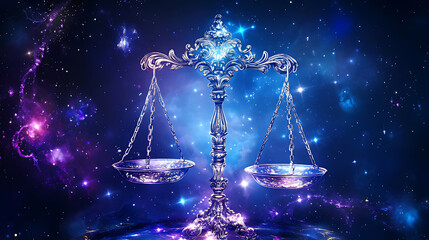 Elegant Silver Scales of Justice Against a Cosmic Starry Background