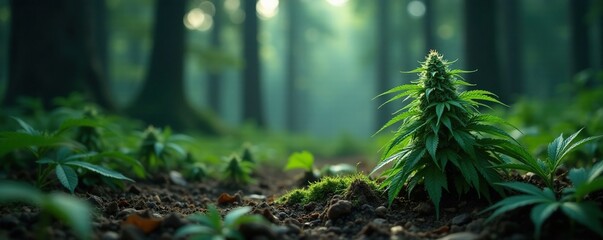 Dark forest with single ounce of marijuana on the ground, cannabis, solitude, foliage