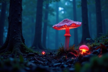 Dark forest reveals hidden bioluminescent fungus, hidden light source, eerie