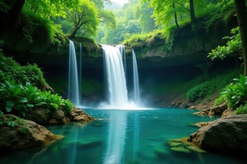 Multiple tiers of waterfall plunge into a secluded jungle pool , tropical, sunlight