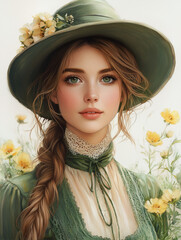 Romantic Victorian woman, with soft green and yellow flowers, wearing green hat and top on garden. Watercolor airbrush clipart.