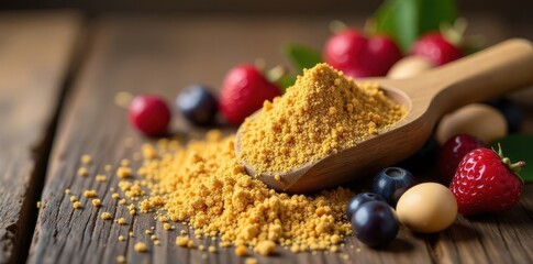 Protein powder scoop near nuts, seeds, berries on wood, table, plant protein, flax seeds