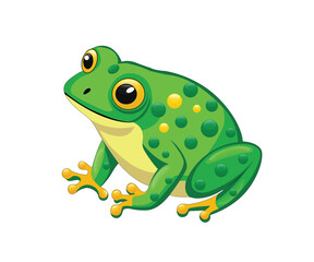 A vibrant green frog with yellow spots and big eyes sits on a white background, perfect for educational, wildlife, and nature-themed designs and illustrations.