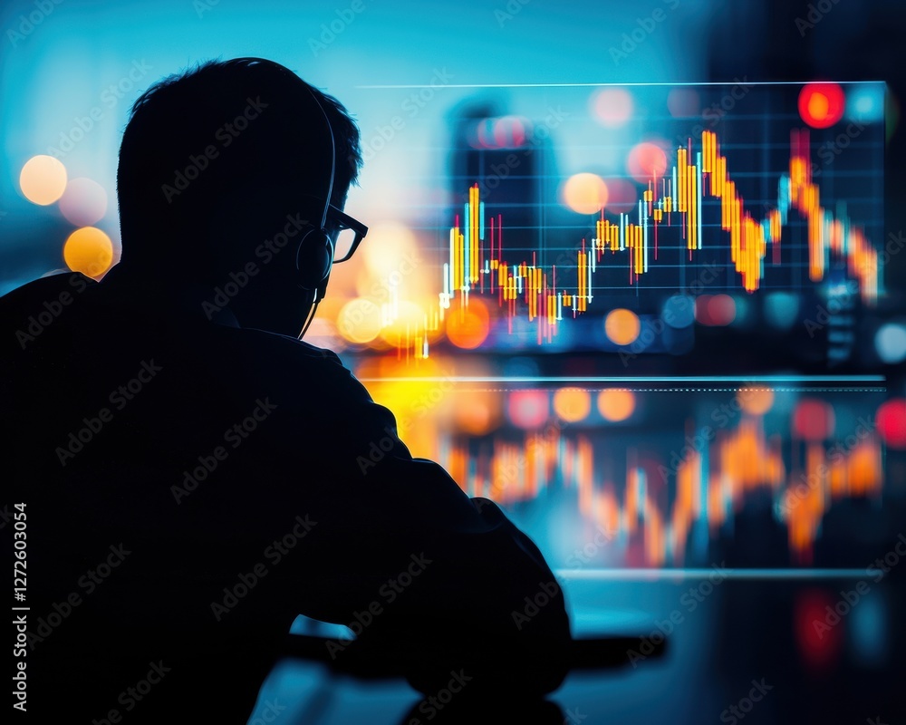 Poster silhouette screen front person computer concept. business professional analyzing financial data on a
