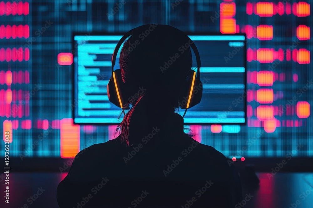 Poster silhouette screen front person computer concept. silhouette of a person with headphones in front of 