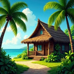 Rustic cottage nestled amongst lush coconut palms, tropical paradise , vacation, coconut palm