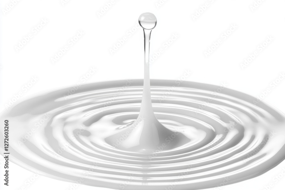 Wall mural single water drop creating ripples on a smooth surface with white background