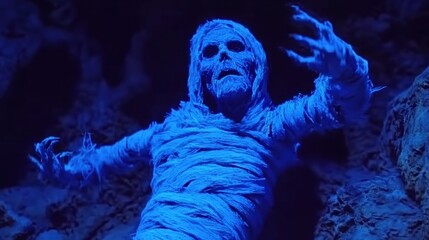 Eerie Blue-Illuminated Mummy Figure Emerging from Dark Cave Shadows in a Mysterious Atmosphere