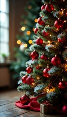 Red and white Christmas tree decorated with ornaments and lights, Holiday Decorations, Christmas Decorations