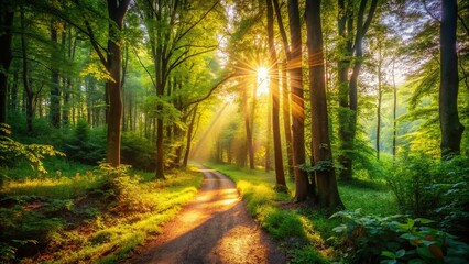 Obraz premium Serene Woodland Path: Sun Dappled Trail Through Lush Forest