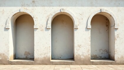 Several solitary white arched windows in a weathered wall , geometric, weathered, building