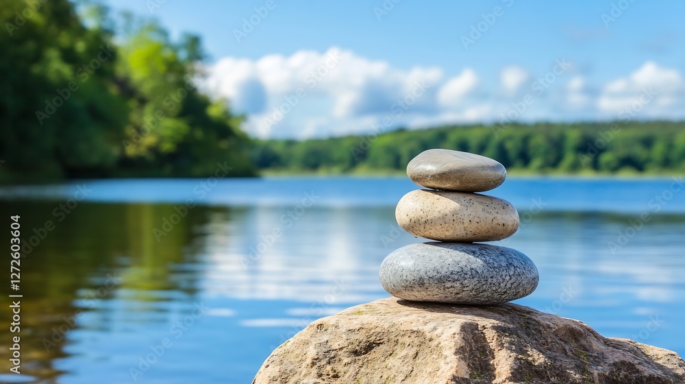 Poster three smooth stones stacked on a rock by a reflective body of water : generative ai