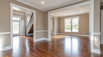 Obraz premium Spacious Bright Living Room Interior With Modern Design And Hardwood Flooring : Generative AI