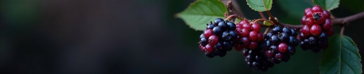 Fototapeta premium Dark purple blackberry flowers on a thorny stem with leaves, wild, blossom