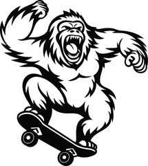 Fierce gorilla performing an extreme skateboarding silhouette vector art, Black color fierce gorilla performing an extreme skateboarding trick line art vector illustration
