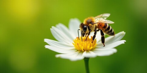 Bee collecting pollen from a single white flower, honeybee, bees, insect