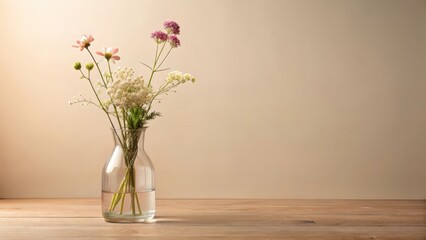 A simple arrangement of wildflowers in a clear glass vase, situated on a light brown wooden surface against a muted beige backdrop.