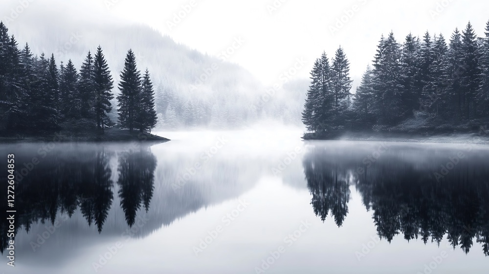 Poster Tranquil Misty Lake Surrounded by Evergreen Trees in Monochrome Serenity : Generative AI