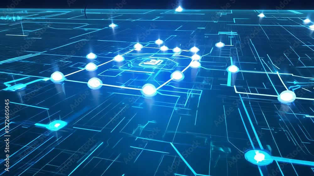 Aufkleber vibrant blue grid layout with illuminated nodes and pathways for innovative digital visualization