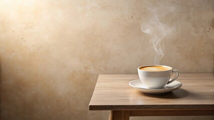 Obraz premium Aromatic Steam Rising from a Warm Cup of Coffee on Wooden Table