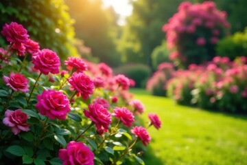 Obraz premium Vibrant Pink Roses in a Sunlit Garden, Blooming in Lush Greenery, a Peaceful and Serene Landscape