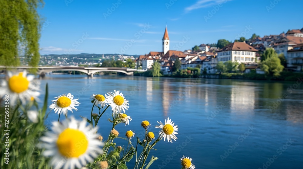 Poster beautiful river view with daisies and cityscape in the background on a clear sunny day : generative 