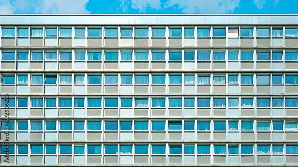 Poster A sleek wall of a contemporary building features a repetitive pattern of rectangular windows. Clear blue skies reflect in the glass, creating a vibrant and airy atmosphere