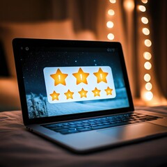 A laptop displaying bright yellow star ratings and caution symbols in a cozy setting with soft lighting, ideal for feedback, reviews, or rating concepts in digital environments.