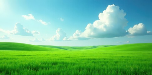 Obraz premium Vast green field under a minimalist cloudy sky, illustration, stock