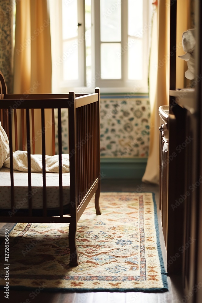 Poster Cozy and Serene Nursery with Crib in Natural Light Creating a Calm Atmosphere : Generative AI