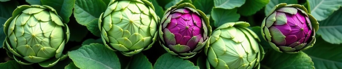 Obraz premium Vibrant green & purple artichoke leaves, fresh , texture, healthy