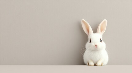 Obraz premium Cute White Fluffy Rabbit Sitting Against a Textured Gray Background in a Studio Setting