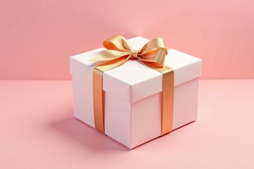 Obraz premium Soft focus white gift box on a light pink backdrop with golden ribbon, showcasing gentle shadows and texture, ribbon, luxurious,