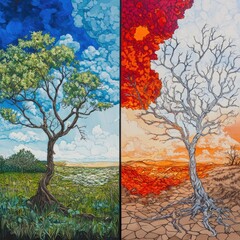 Two Trees, Seasons, Divided Canvas, Sky and Earth