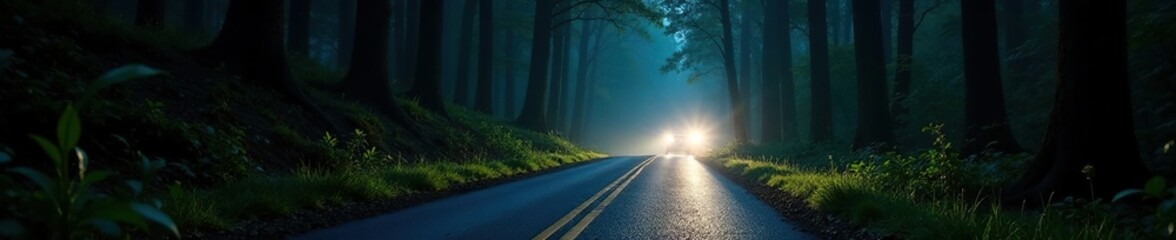 Fototapeta premium Dark forest road with headlights shining through, leaves, tree branches, shadows