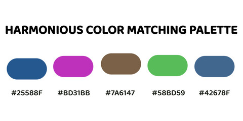 A harmonious color palette with deep blue (#25588F), vivid magenta (#BD31BB), muted brown (#7A6147), bright green (#58BD59), and soft teal (#42678F). Ideal for vibrant yet balanced designs. 273.