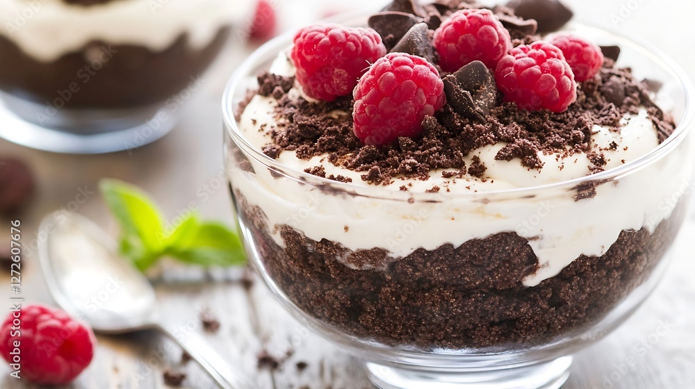 Poster delicious chocolate raspberry dessert in a glass bowl with toppings and fresh raspberries : generati